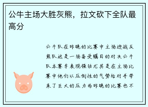 公牛主场大胜灰熊，拉文砍下全队最高分