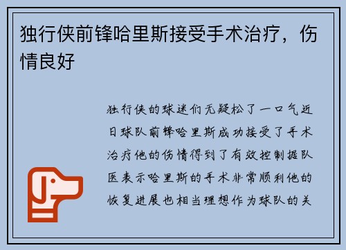 独行侠前锋哈里斯接受手术治疗，伤情良好